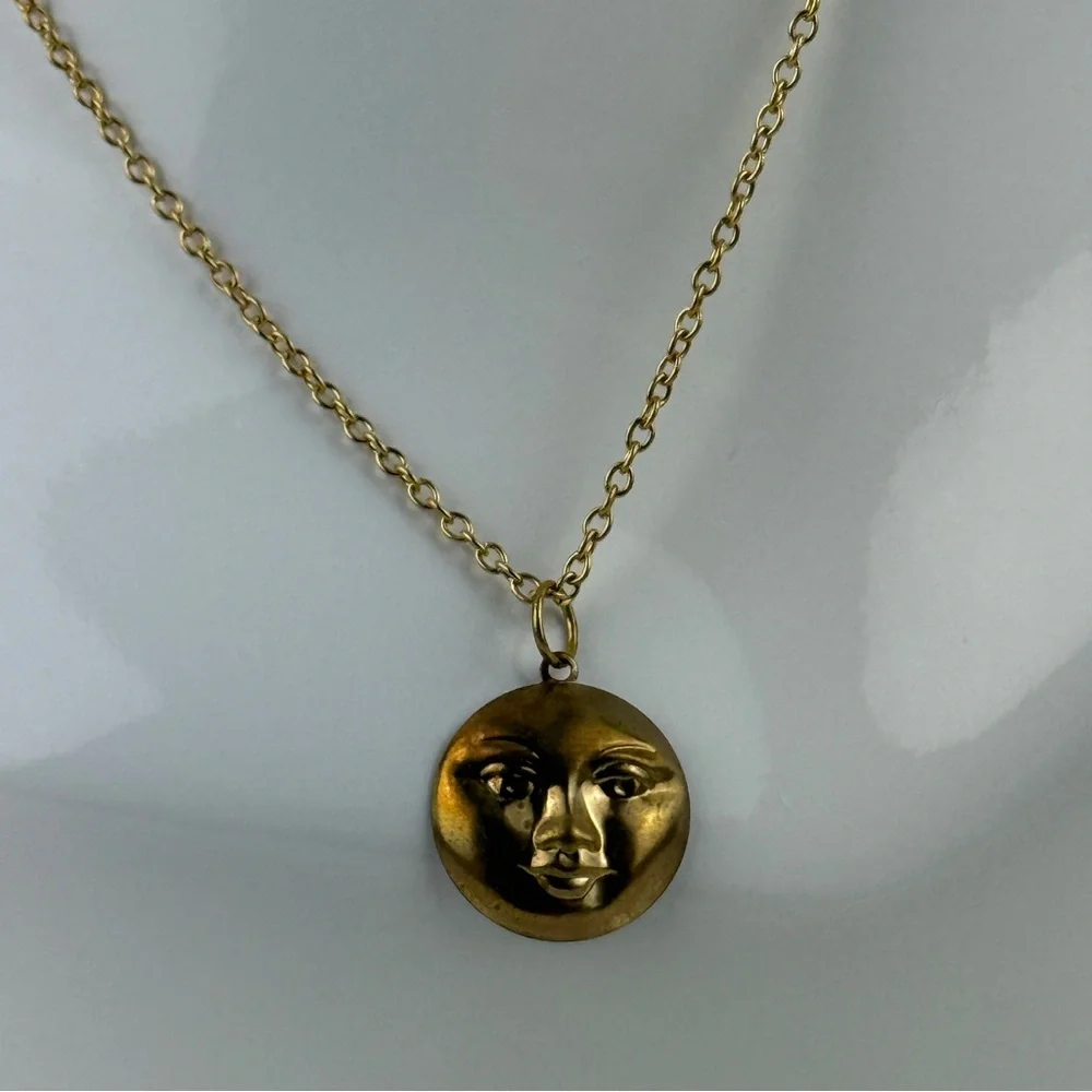 "Antique" Faux Gold Moon Face Charm Pendant Necklace Celestial Boho Witchy Goth! - Picture 4 of 16